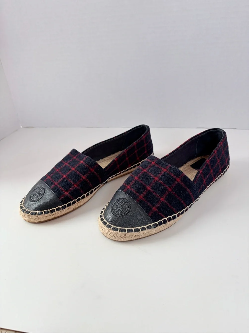 Tory Burch Plaid Espadrilles Colorblock Checked Wool Leather Navy Red Size 9